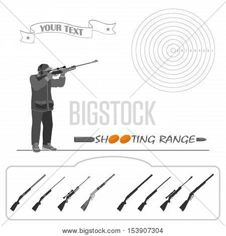 The man is standing with a rifle and shoot at the target. rifle, bullets, plates and target for marksmanship