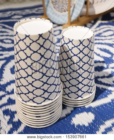 Stack of Empty Takeaway Disposable Cup or Paper Glass for Served Hot or Cold Drink. Selective Focus.