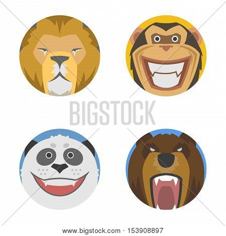 Cute animals emotions icons isolated fun set face. Happy character funny emoji set comic adorable pet. Animals emotions icons flat set expression smile collection. Wild avatar emoticon comic icons.