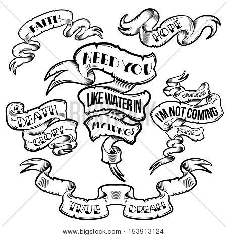 Set of monochrome ribbon banners with typographic letterings and quotes in vintage style isolated vector illustration