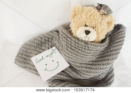 good night message card and teddy bear sleep in blanket wool
