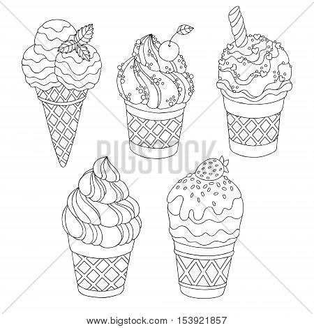 Vector hand drawn cartoon ice cream illustration for adult coloring book. Freehand sketch for adult anti stress coloring book page with doodle and zentangle elements.