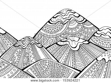 Printable coloring page for adults with mountain landscape. Hand drawn vector illustration
