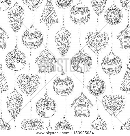 Vector hand drawn Christmas balls illustration for adult coloring book. Freehand sketch for adult anti stress coloring book page with doodle and zentangle elements.