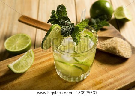 Lemon Fruit Caipirinha Of Brazil On Wooden Background