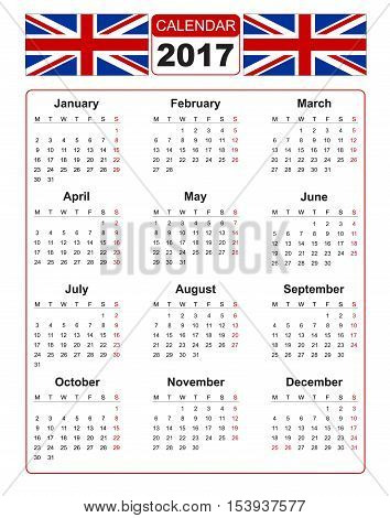 Calendar for 2017 on white background with two vector image of united kindom flag. Vector EPS10.