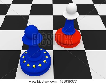 Conflict Between Russia And EU: Russian and EU Flag Chess Pawns 3d illustration