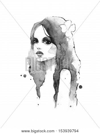 Romantic girl. Hand-drawn watercolor painting. Black and white