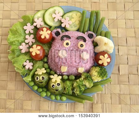 The hippopotamus is made of rice. Creative food for good mood and appetite