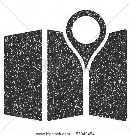 Map grainy textured icon for overlay watermark stamps. Flat symbol with dust texture. Dotted vector gray ink rubber seal stamp with grunge design on a white background.