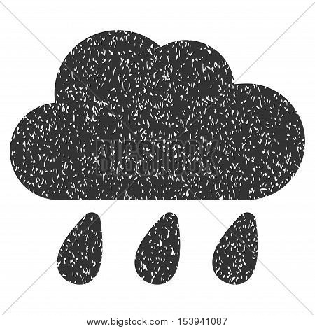 Rain Cloud grainy textured icon for overlay watermark stamps. Flat symbol with dust texture. Dotted vector gray ink rubber seal stamp with grunge design on a white background.