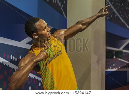 London, the UK - May 2016: Usain Bolt wax figure in Madame 
Tussauds museum