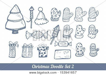 Set of hand drown ellements for Christmas and New Year winter Holidays. Doodle set of vector illustration.