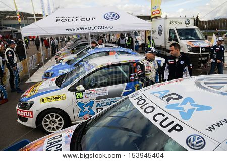 Moscow Russia - Apr 18 2015: VW Polo Cup display stand during the Rally Masters Show 2015 at the Krylatskoye District.