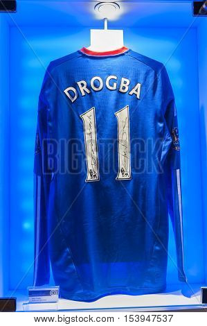 London, the UK - May 2016: Didier Drogba t-shirt in FC Chelsea
 museum