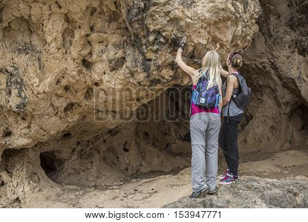 Salalah Oman July 10th 2015: hikers in the mountains of Dhofar in Salalah