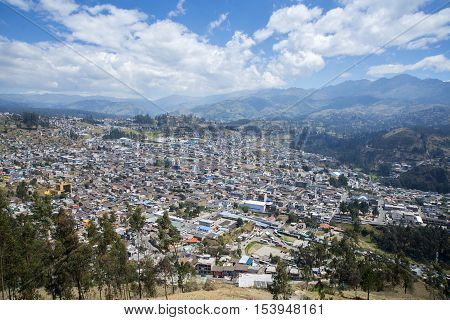 High view of the town of Guaranda, surrounded by the Andes mountains, on a sunny day. Ecuador
