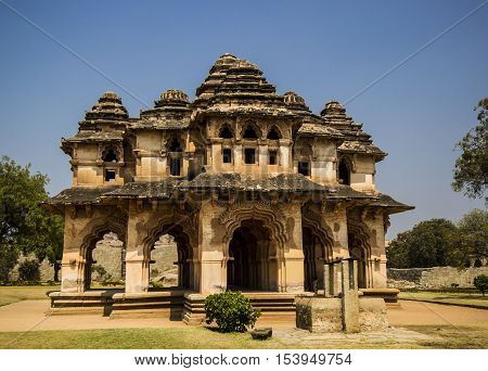 Hampi, India. Admiring Lotus Mahal - queens mansion in Hampi