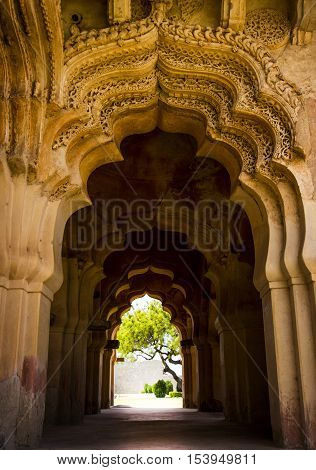 Hampi, India. Admiring Lotus Mahal - queens mansion in Hampi