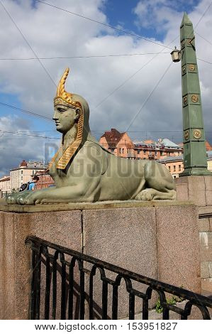 St. Petersburg Russia - 14 July 2016: Cast-iron Sphinx at the Egyptian bridge over the Fontanka River. In the architecture of the bridge was reflected typical for the beginning of XIX century interest in the art of ancient Egypt