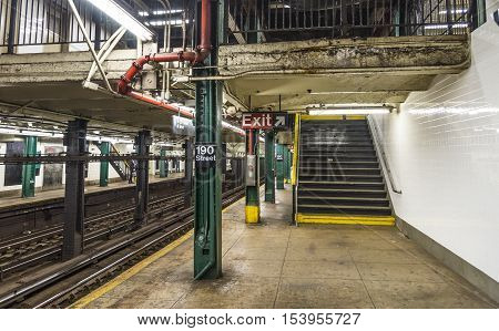 NEW YORK CITY - OCTOBER 22 2015: subway station 190 street in New York USA. The New York City Subway is the worlds largest rapid transit system by length of routes and number of stations