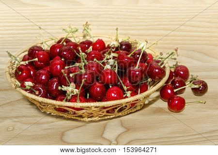 Fresh cherries in water drops on a wooden background. Organic food
