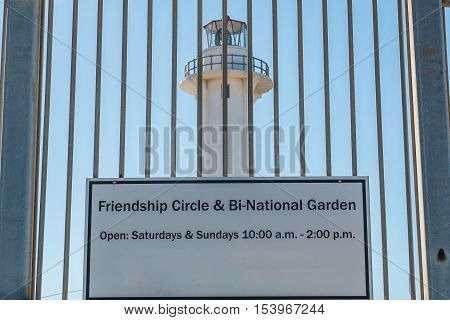 Entrance to Friendship Park in San Diego, California, the southernmost park in the U.S, along the San Diego-Tijuana border, with El Faro de Tijuana lighthouse in the background.