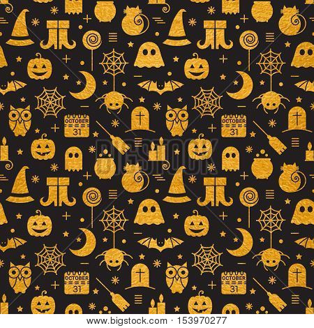 Seamless Halloween gold textured pattern with festive Halloween icons. Golden design for wrapping paper, paper packaging, textiles, holiday party invitations, greeting card. Vector illustration.