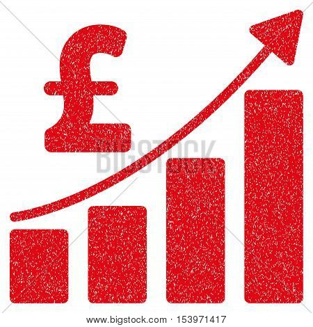 Pound Financial Bar Chart grainy textured icon for overlay watermark stamps. Flat symbol with dust texture. Dotted glyph red ink rubber seal stamp with grunge design on a white background.