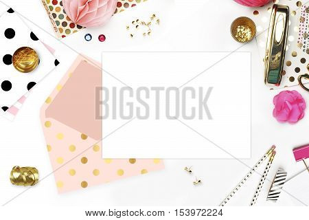 Wedding background. Mock-up for your photo or text Place your work. Woman desktop template card Peonies and gold stationery. Gold Polka. Header website or Hero website