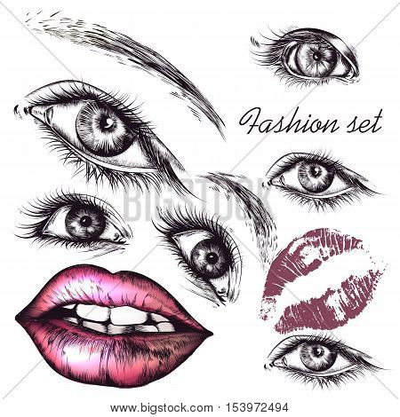 A collection or set of beautiful realistic female eyes and lips for design