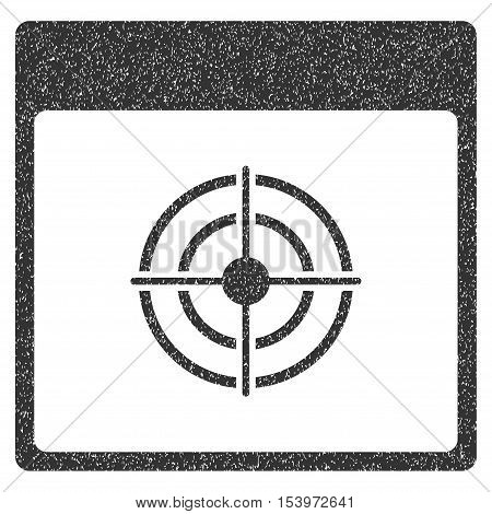 Bullseye Calendar Page grainy textured icon for overlay watermark stamps. Flat symbol with dirty texture. Dotted glyph gray ink rubber seal stamp with grunge design on a white background.