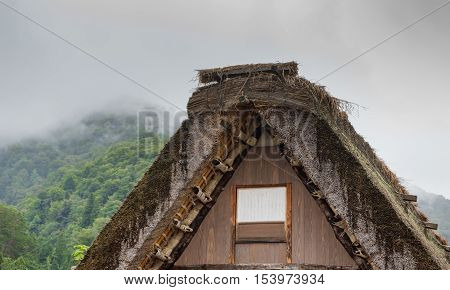 Shirakawago Japan - September 23 2016: Top of the particular roof structure of houses and barns in Shirakawago shows the material and the thickness.