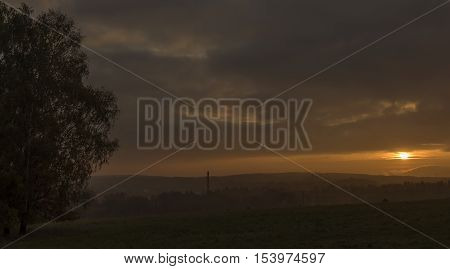 Sunrise Near Krasna Lipa Town In Autumn Time