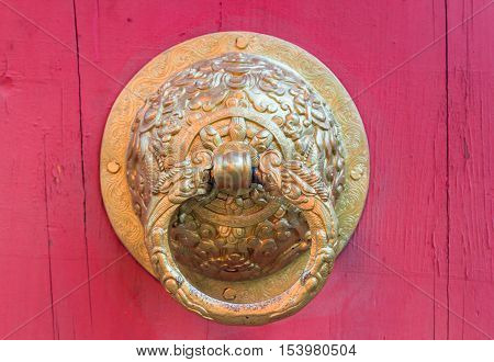 Golden Door Handle Chinese Style On Red Door