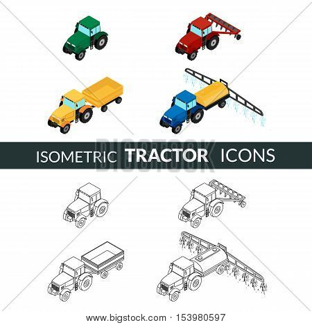 vector illustration. set of agricultural icons. Farm tractor with plow trailer sprayed with insecticides. 3D isometric. Contour outline and color