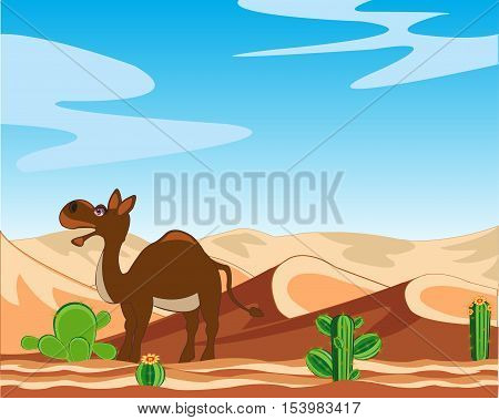 The Desert with cactus and animal camel. Vector illustration