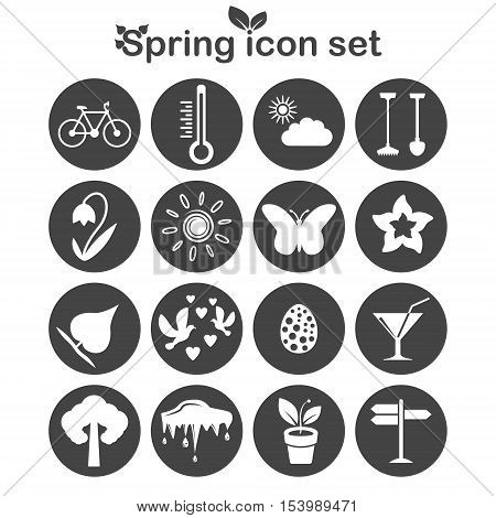 Spring icons set 16 vector icons on dark round pads 2d vector illustration eps 8