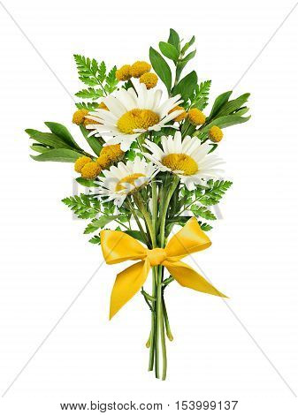 Daisy flowers and wild grass in a bouquet with silk bow isolated on white