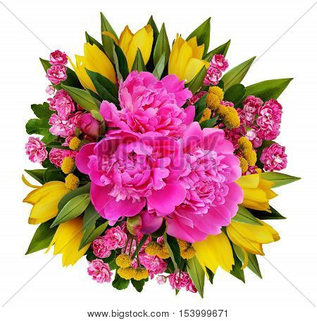 Peonies tulips and hawtorn flowers bouquet isolated on white