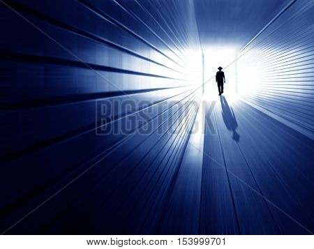 silhouette in a subway tunnel. Light at End of Tunnel
