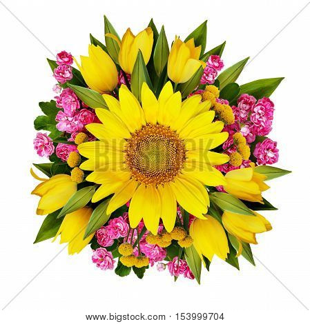 Sunflower tulips and hawtorn flowers bouquet isolated on white