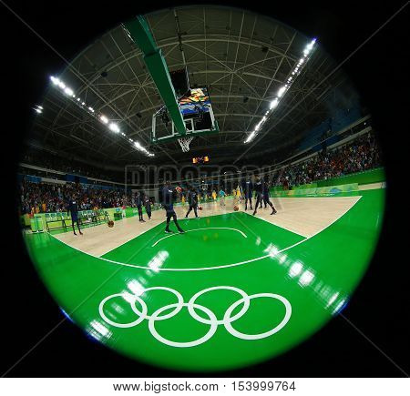 RIO DE JANEIRO, BRAZIL - AUGUST 10, 2016: Team United States warms up for group A basketball match between Team USA and Australia of the Rio 2016 Olympic Games at Carioca Arena 1