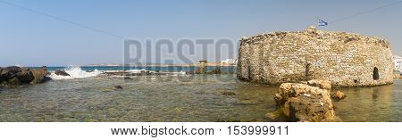 Kastelli castle of Paros island in Greece. An old Venetian fortress at Naoussa village. Panoramic view.