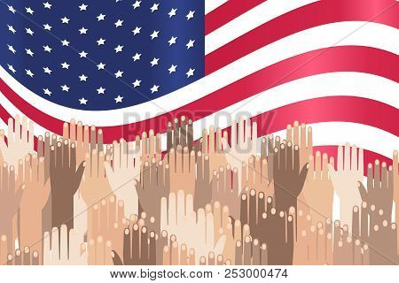 Multiracial Colorful Peoples' Hands Raised. Illustration Of Human Rights Day Background.