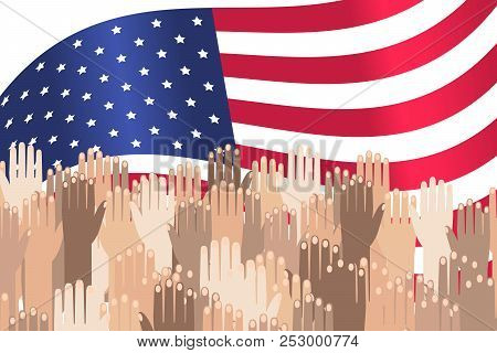 Multiracial Colorful Peoples' Hands Raised. Illustration Of Human Rights Day Background.