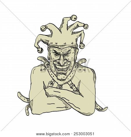 Drawing Sketch Style Illustration Of A Crazy, Lunatic Or Insane Harlequin, Professional Joker, Fool 