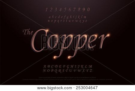 Elegant Copper Colored Metal Chrome Alphabet Font. Copper Typography Classic Style Serif Font Set. V