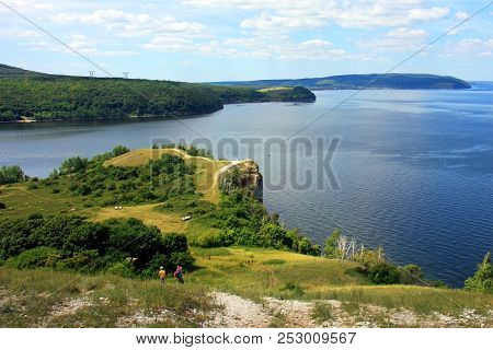 Areal View From Molodezky Kurgan To Zhiguli Hills And River Volga With Blue Sky And Green Grass. Bea