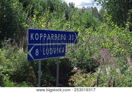 Road Sign To Ludvika And Kopparberg In Rural Dalarna
